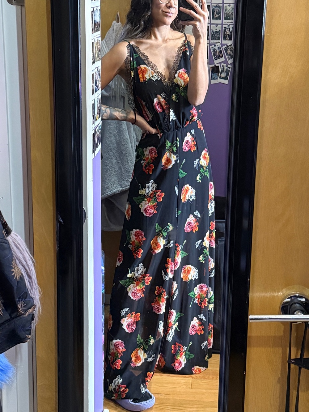 Cotton Candy Black Floral Maxi Dress with Lace Trim